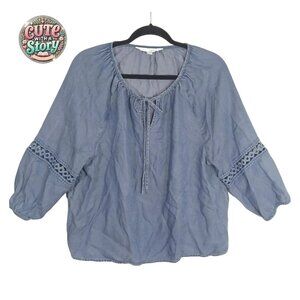 Madison Grey Women's Chambray Peasant Blouse L 3/4 Sleeve 100% Lyocell Boho